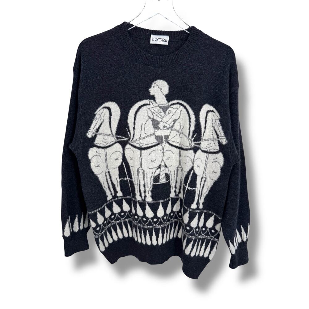 HOM sweater XL lambswool crew pullover equestrian horse chariot Italy gray white